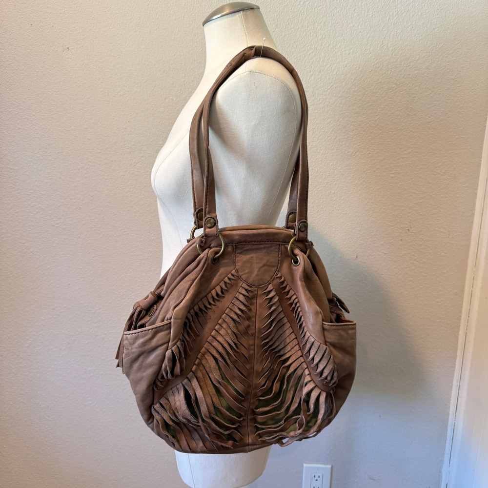 Lucky Penny Anthropologie Tan Leather Fringe Hobo Shoulder Bag Tassel Boho
